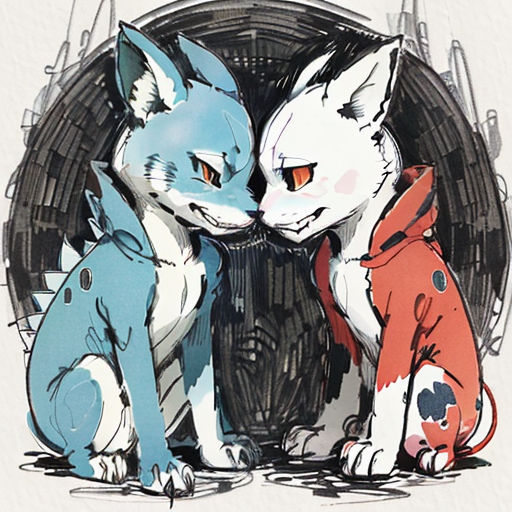 two cats sitting next to each other on a white surface with a black and red background and a black and white drawing of a cat