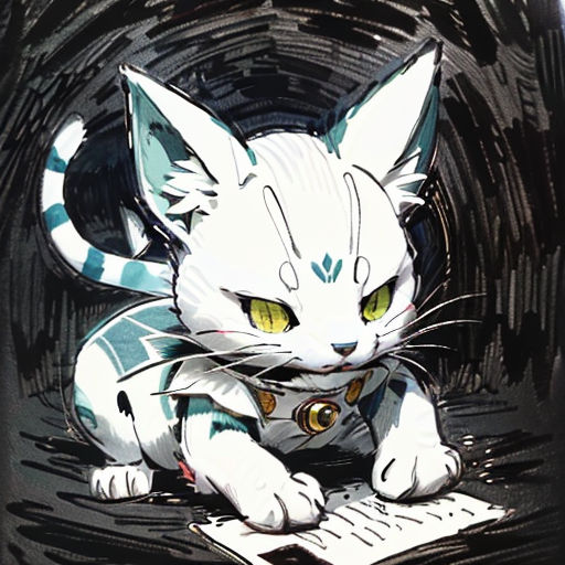 a cat with yellow eyes sitting on a table with a book in its paws and a book in its paws