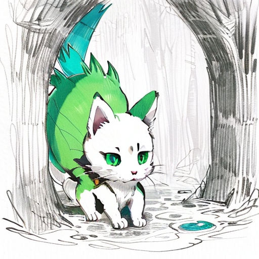 a cat with green eyes is standing in the water near a tree trunk and a hole in the ground