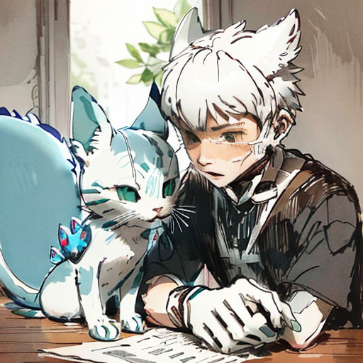 a man sitting at a table with a cat next to him and a laptop on his lap, with a cat sitting next to him