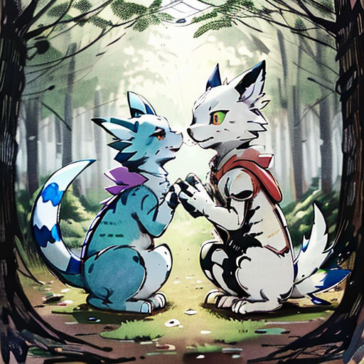 two cartoon animals are sitting in the woods together, one is touching the other's hand with his paw