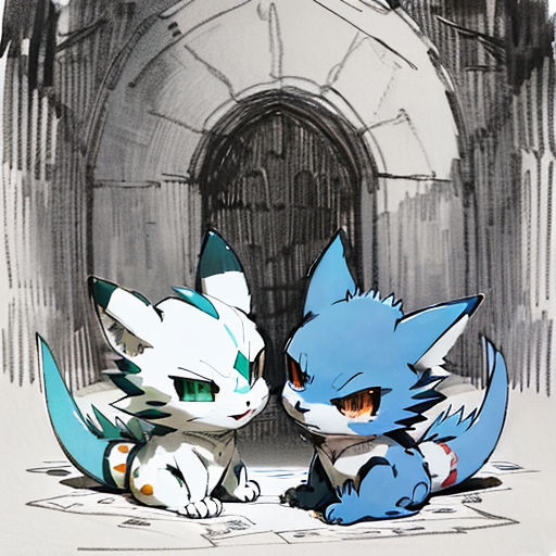 a couple of cats sitting next to each other on a floor in front of a doorway with a clock