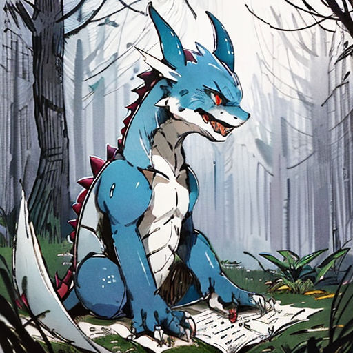a blue and white dragon sitting on top of a book in the woods with trees behind it and a forest background