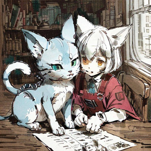 a cat and a cat sitting on a table next to each other in front of a window with a cat on it