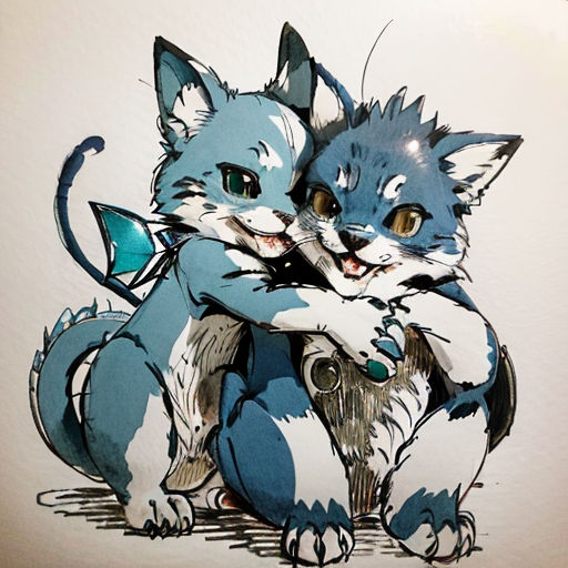 a drawing of two cats hugging each other on a white background with a blue background and a white background