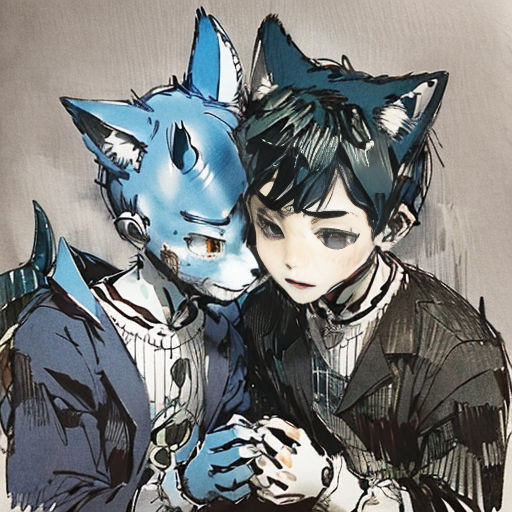 two anime characters are hugging each other with their heads together, one of them is wearing a cat mask