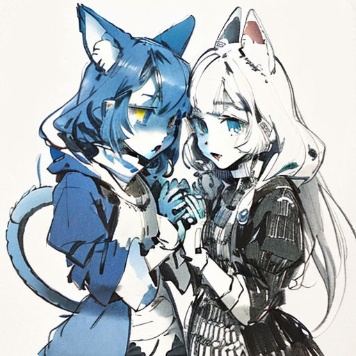 two anime characters are hugging each other with a cat on their shoulder and a cat on their shoulder,