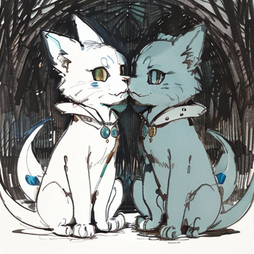 a drawing of two cats sitting next to each other on a white surface with a black background and a black and white drawing of a cat