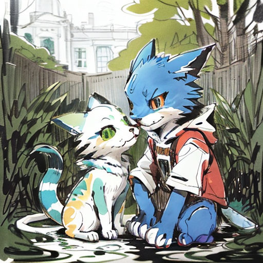a cat and a cat sitting next to each other in the grass with a fence in the background and a building in the background