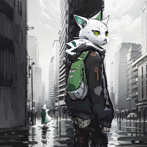a cat in a jacket and a cat in a backpack are standing in the rain in a city street