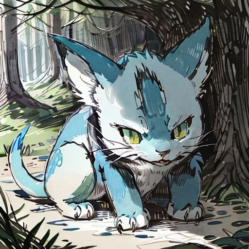 a cat sitting in the middle of a forest next to a tree with yellow eyes and a tail,