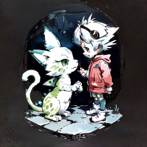 a cat and a cat in a mirror with a black background and a white cat with a red jacket