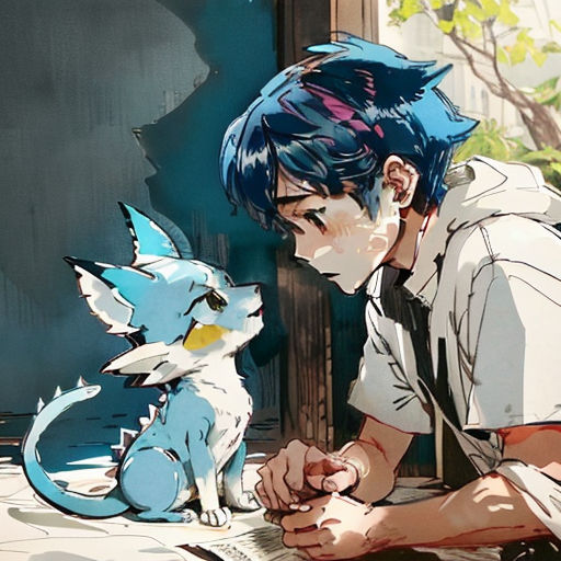 a man sitting down next to a dog and a cat on a table with a book in front of him