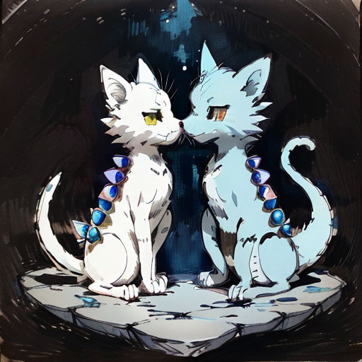 a couple of cats sitting next to each other on a table with a clock in the background of the picture