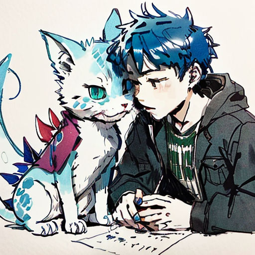 a boy and a cat are sitting at a table together, one is writing a book and the other is drawing something