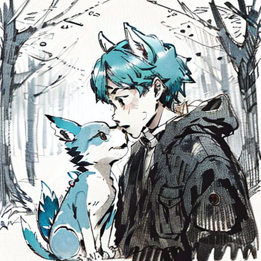 a man and a dog are in the woods together, with trees in the background and a sky in the background