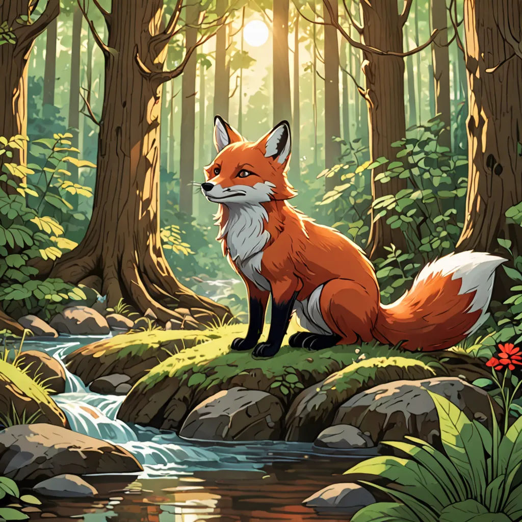 a fox sitting on a rock in a forest with a stream running through it and trees around it, with a bright sun shining through the trees, Dan Mumford, furry art, a storybook illustration, official art