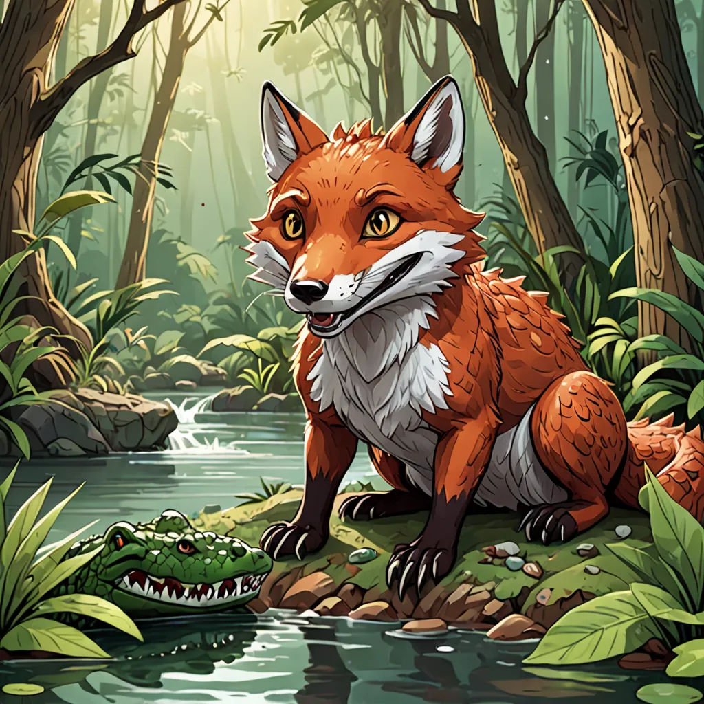 a fox sitting on a rock in a forest next to a river and a crocodile in the water with a sun shining through the trees, Caspar Wolf, furry art, a storybook illustration, official art