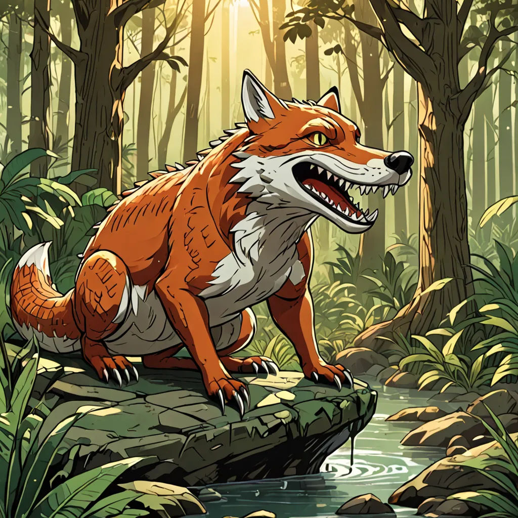 a fox sitting on a rock in a forest with a stream running through it's foreground and trees in the background, Dan Mumford, furry art, a storybook illustration, game art