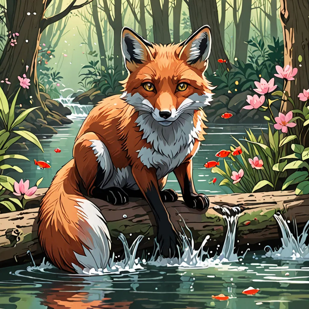 a fox sitting on a log in a river surrounded by flowers and trees, with a stream running through it, Dan Mumford, furry art, a storybook illustration, furaffinity