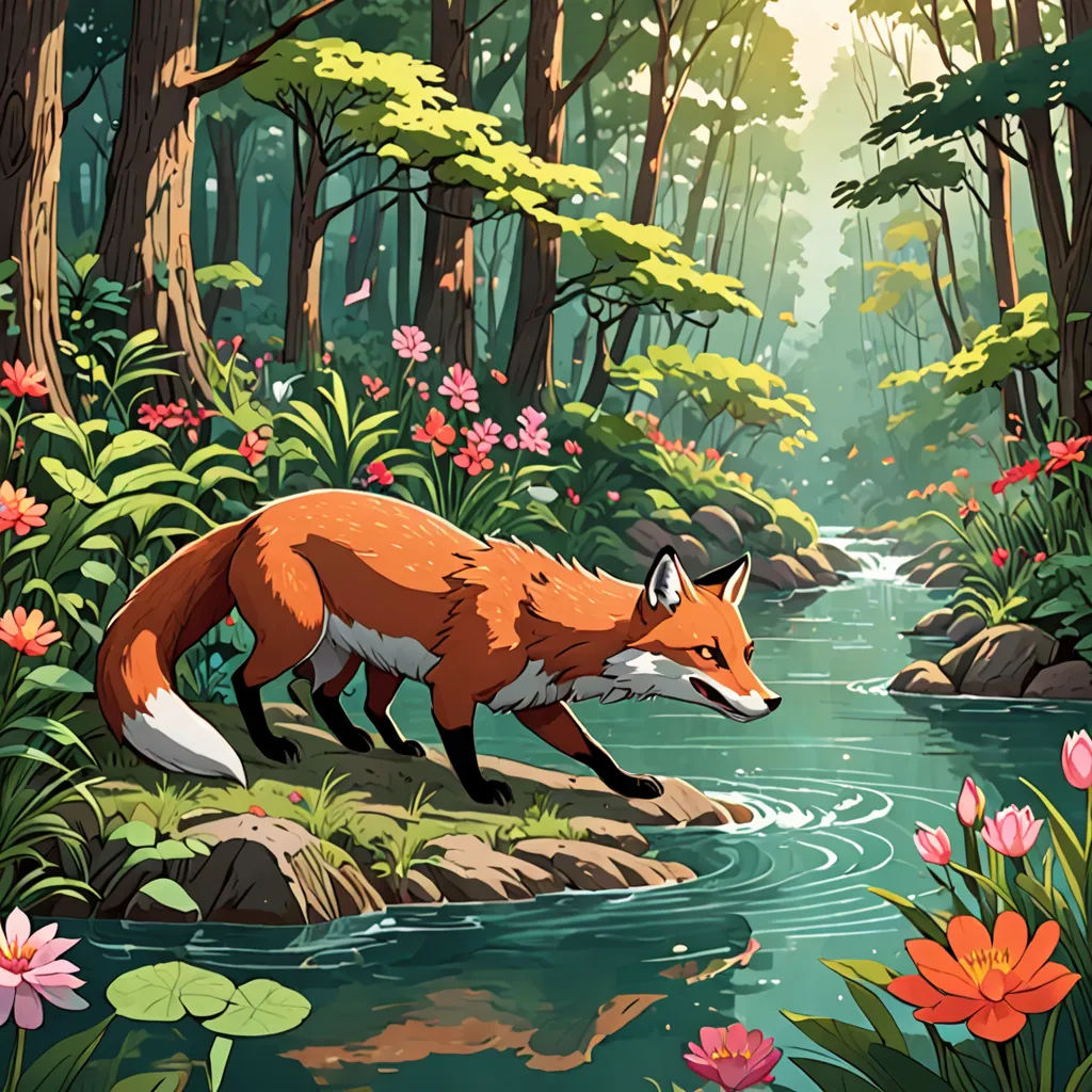 a fox is walking across a river in the woods with flowers and plants around it, and a stream running through the woods, Dan Mumford, environmental art, a storybook illustration, official art