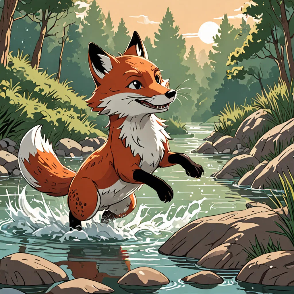 a fox running through a river surrounded by rocks and trees, with a sunset in the background and a forest scene, Dan Mumford, furry art, a storybook illustration, storybook illustration