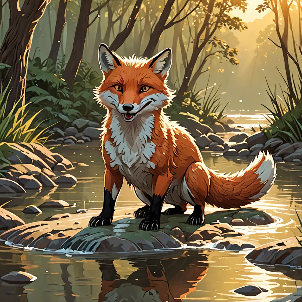 a fox is sitting on a rock in a stream of water with trees and rocks in the background and a sunbeam, Dan Mumford, furry art, a storybook illustration, official art