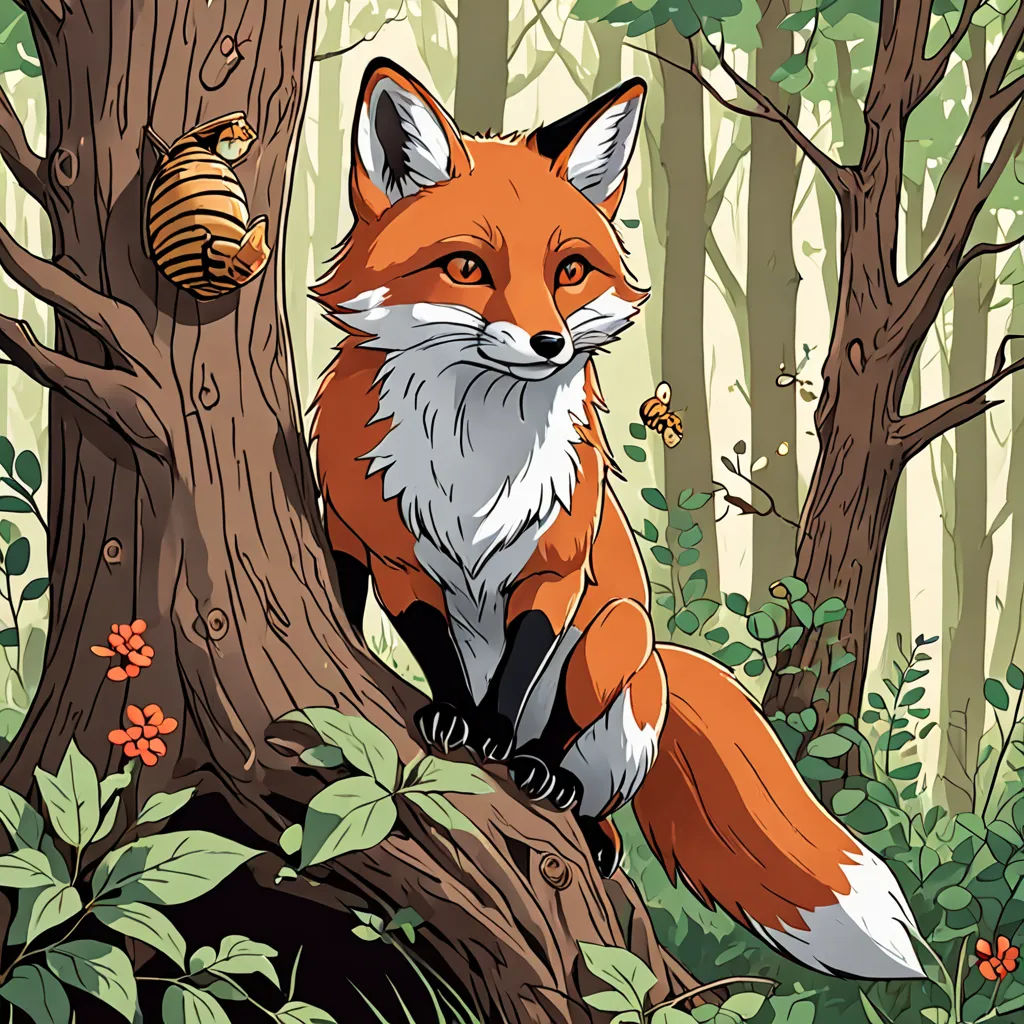 a red fox sitting on a tree in a forest with a beehive in its mouth and a honey box in its mouth, Dan Mumford, furry art, a storybook illustration, detailed illustration