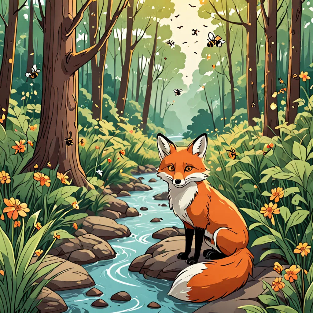 a fox sitting on a rock in a forest with flowers and trees around it, looking at the camera, Florianne Becker, environmental art, a storybook illustration, storybook illustration