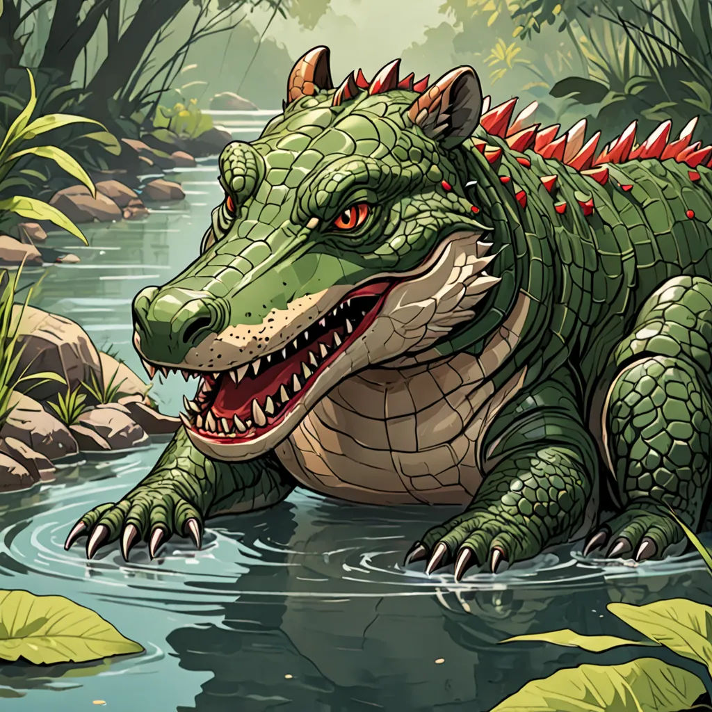 a cartoon alligator is in the water with its mouth open and teeth out, with a green background and leaves, Adam Rex, furry art, a storybook illustration, magic the gathering artwork