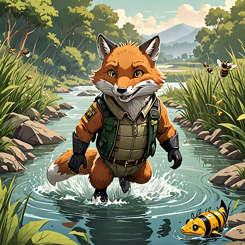 a fox in a backpack crossing a river with a bee in the background and a bum in the foreground, Cliff Childs, furry art, concept art, official art
