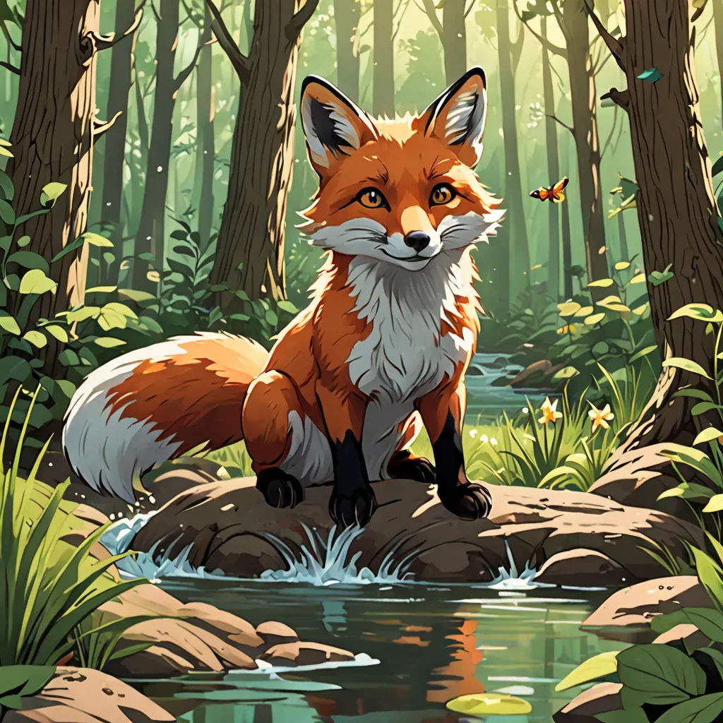 a fox sitting on a rock in a forest with a stream running through it and a butterfly flying over it, Dan Mumford, furry art, a storybook illustration, official art