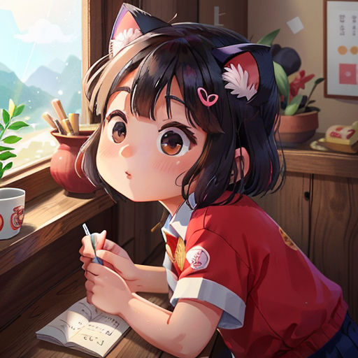 a girl is writing in a book near a window with a cat ears on her head and a cat ears on her head