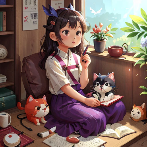 a girl sitting on a chair with a cat and a book in her lap and a cat sitting on the desk