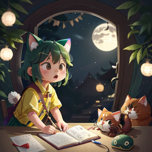 a girl sitting at a table with a book and a cat next to her and a cat looking at the book
