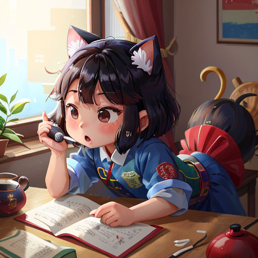 a girl sitting at a desk with a book and a phone to her ear and a cat ears on her head