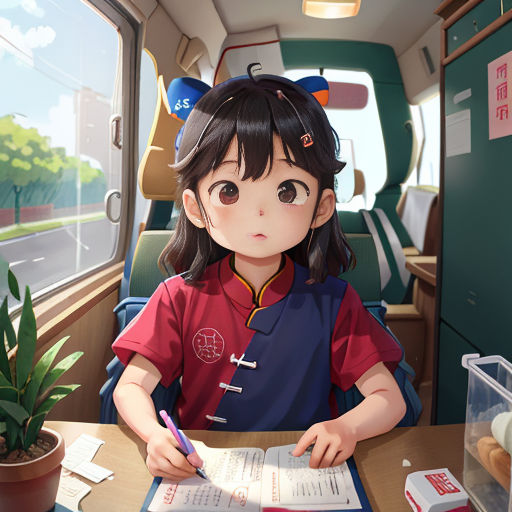 a girl sitting at a desk with a book and pen in her hand and a potted plant in the background