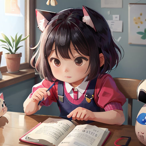 a girl sitting at a table with an open book and a cat figurine next to her on the table