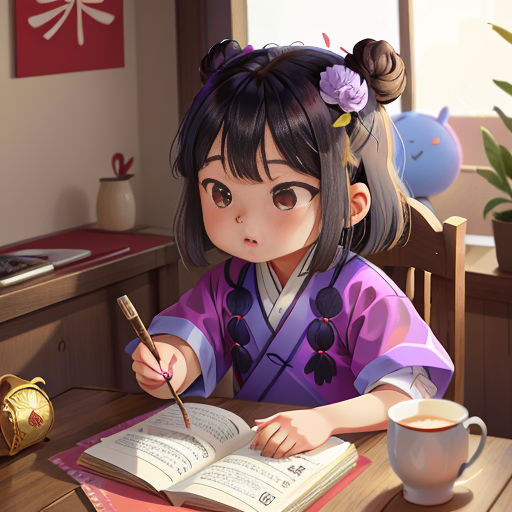 a girl sitting at a table with a book and pen in her hand and a cup of coffee in front of her