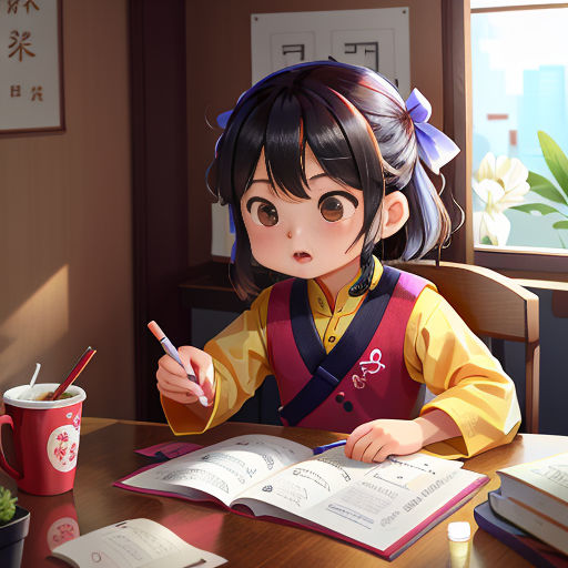 a girl sitting at a table with a book and pen in her hand and a cup of coffee in front of her