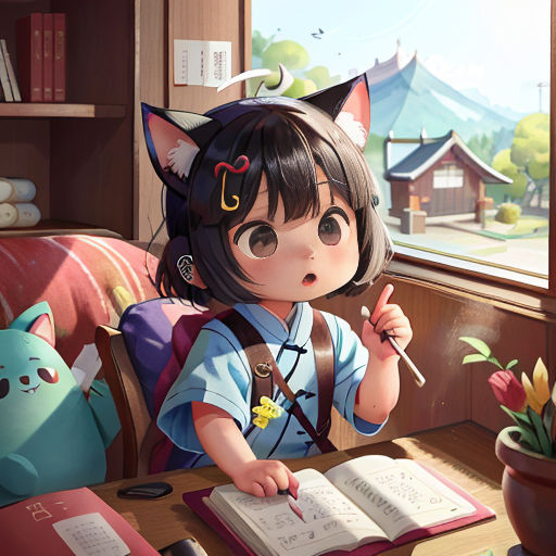 a girl sitting at a table with an open book and a cat on her head and a cat on her shoulder