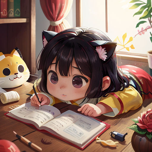 a girl is laying on the floor writing in a book with a cat behind her and a cat behind her