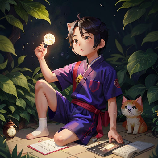 a boy in a kimono holding a light up in the air with a cat sitting on a table