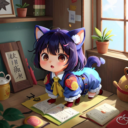a cat girl is standing on a desk in a room with a window and a potted plant in the corner