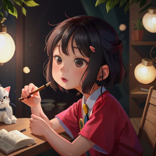 a girl is writing in a book while a cat sits on the table behind her and looks at her