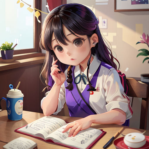 a girl sitting at a table with a book and a cup of coffee in front of her, reading a book