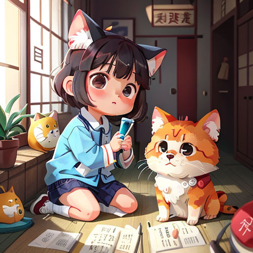 a girl sitting on the floor with a cat and a book in front of her and a cat on the floor