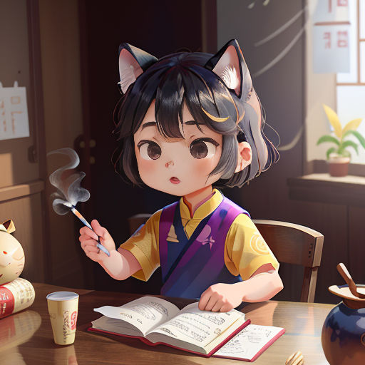 a girl sitting at a table with a book and a cat head on her head and a book in her hand