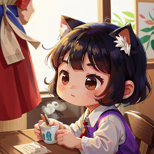 a little girl sitting at a table with a cup of coffee in front of her and a cat on her head