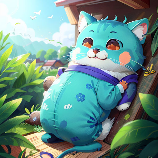 a cat sitting on a wooden platform in a forest with a bird on it's back and a birdhouse in the background